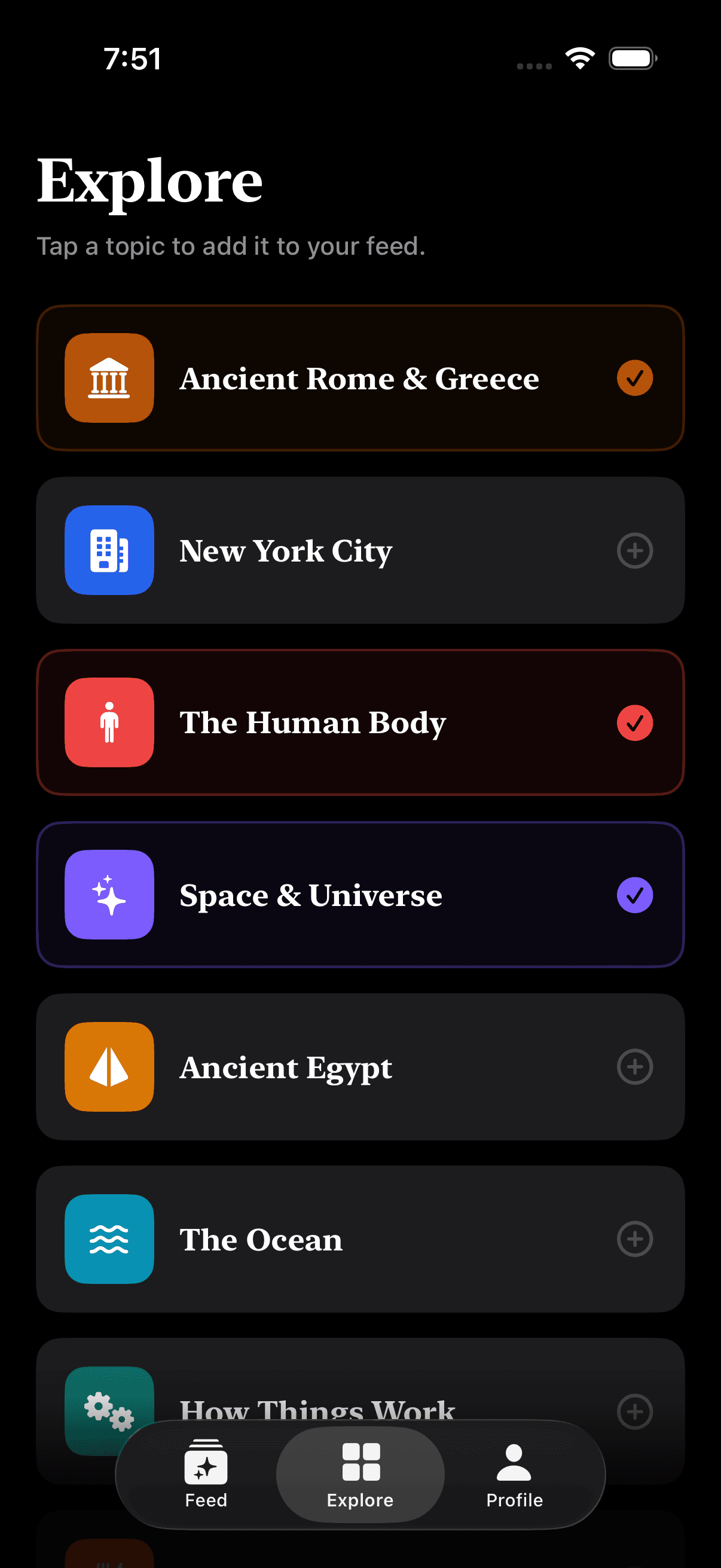 Explore screen showing topics