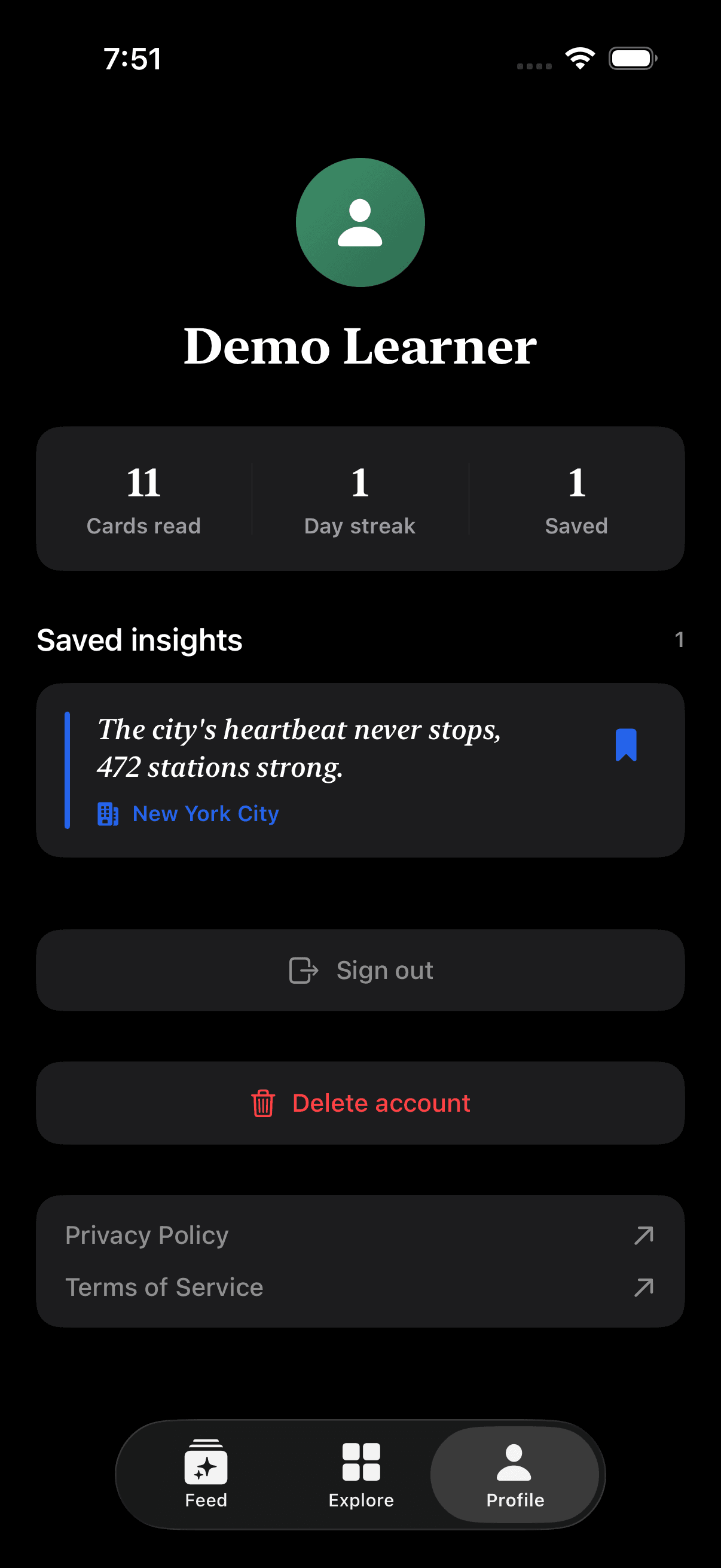 Profile screen with stats and saved insights
